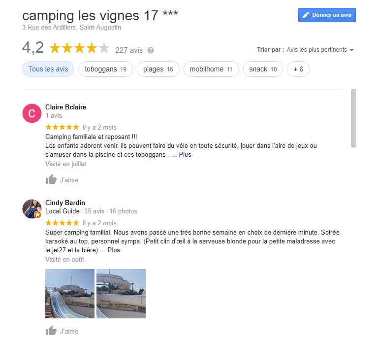 avis client camping les Vignes proche des plages Charentaises